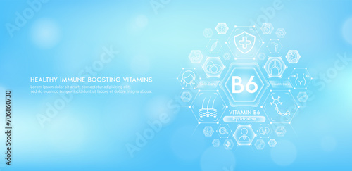 Vitamin B6 or Pyridoxine with medical icons. Vitamins minerals from natural essential health skin care body organs healthy. Build immunity antioxidants digestive system. Banner vector EPS10.