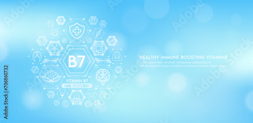 Vitamin B7 or Biotin with medical icons. Vitamins minerals from natural essential health skin care body organs healthy. Build immunity antioxidants digestive system. Banner vector EPS10.