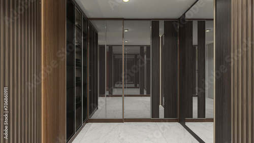 Rustic and Luxury Walk in Closet Design with Wooden and Mirror Cabinet Door