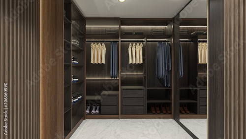 Open Walk in Closet Display Design with Wooden Cabinet Furnishing and Shelving Rack