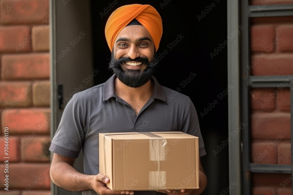Indian male man in front of door with delivery cartoon box in hands, storage shipping. Distribution ecommerce logistics employee in factory plant for supply chain wholesale supplier Indian male man in front of door with delivery cartoon box in hands, storage shipping. Distribution ecommerce logistics employee in factory plant for supply chain wholesale supplier