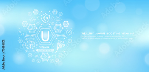Vitamin U or S-Methylmethionine with medical icons. Vitamins minerals from natural essential health skin care body organs healthy. Build immunity antioxidants digestive system. Banner vector EPS10.