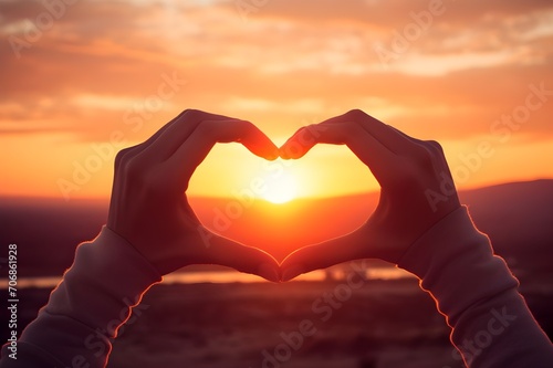 A close-up of a couple s hands forming a heart shape against a stunning sunset backdrop.