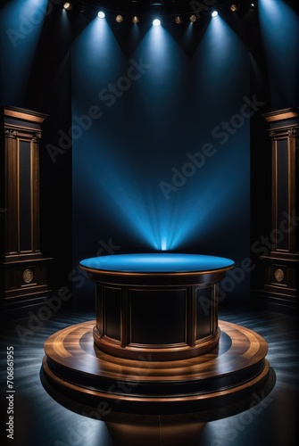 Round Blue-Lit Podium on Black Background for Mock-Up Presentations by ai generated