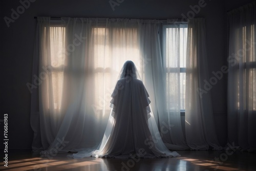 Woman Standing in Front of Dark Room Window