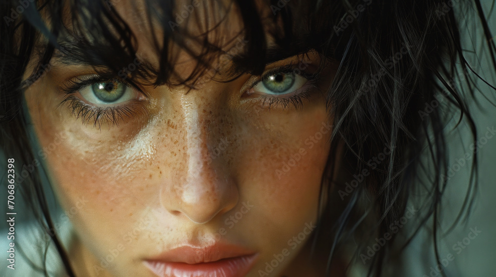 Sun worshipper. Extreme closeup of a woman with dark ruddy skin and piercing eyes. Black unkempt hair and freckles. Sun worshipper. Extreme closeup of a woman with dark ruddy skin and piercing eyes. Black unkempt hair and freckles.