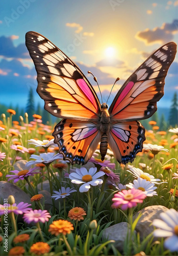 Butterfly Perched on Blossoming Field of Flowers in Nature Landscape