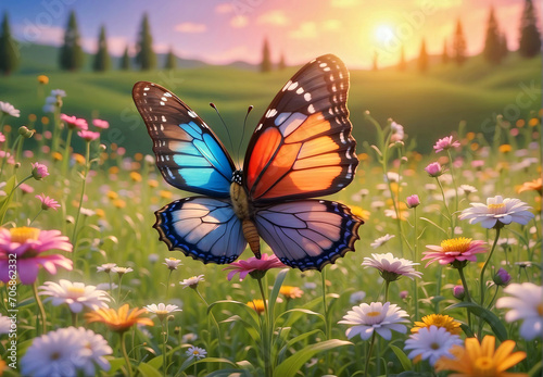Butterfly Flying Over Field of Flowers © Usman