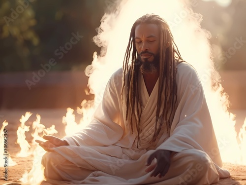 man with long dreadlocks and white robe meditating in front of fire