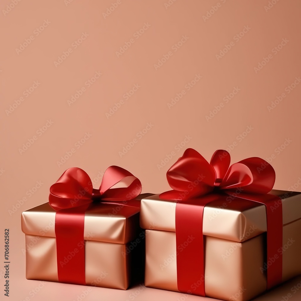 gifts in boxes with a red bow on a peach fuzz background. festive background.