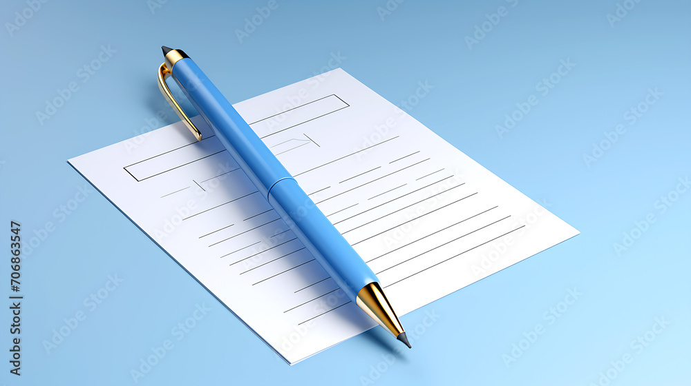 3d illustration of pen putting blue ticks on paper,no people,blue background,front view 3d illustration of pen putting blue ticks on paper,no people,blue background,front view