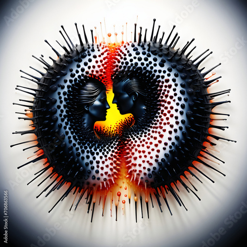 symbol of a couple - multi color ferrofluid artwork with blurry black thorns 