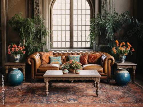 A sophisticated boho living area with a leather chesterfield, an ornate Persian rug, and a series of decorative pillows