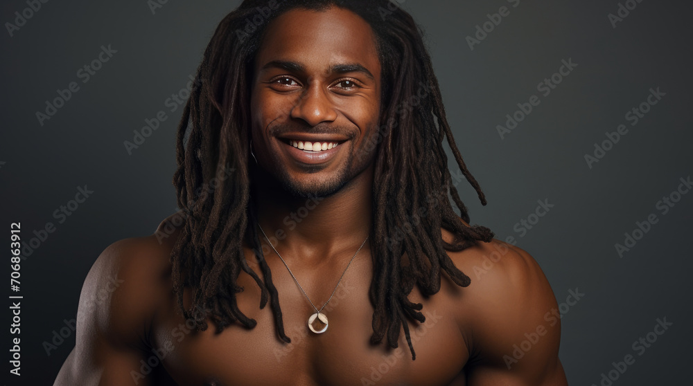 Portrait of a elegant sexy smiling African man with dark and perfect skin and long hair, on a gray background.
