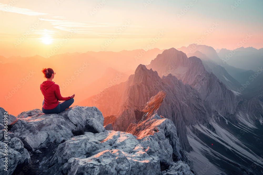 A woman meditating on a mountain peak as the sun sets, creating a peaceful and scenic view.