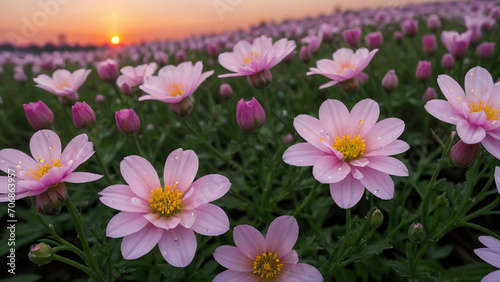 Beautiful flowers on the background of the sunset. AI