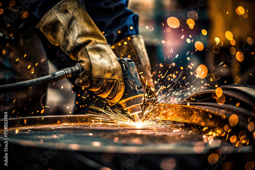 Skilled worker welding in a workshop with sparks flying around, showcasing industrial craftsmanship and manual labor. © apratim