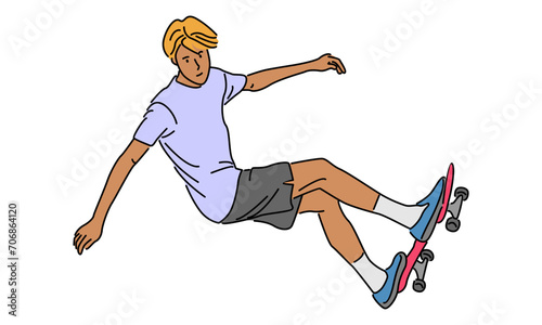 line art color of man riding skate and performing jump trick