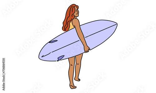 line art color of woman holding surfboard