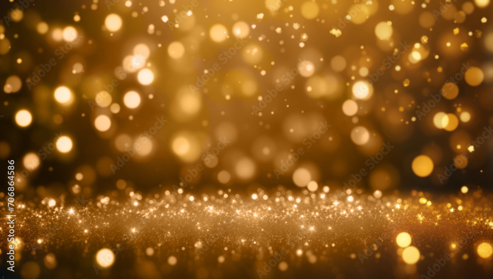 Bokeh background with gold sequins. Abstract holiday background of falling golden sparkles.