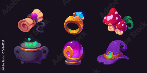 Magic game assets set isolated on black background. Vector cartoon illustration of parchment scroll, golden ring, mushroom, potion boiling in cauldron, fortunetelling crystal, wizard hat, ui design