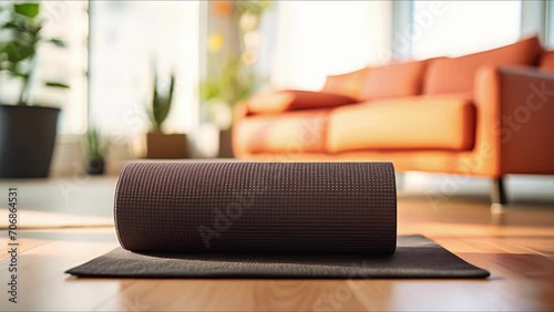 Closeup of a foam roller and yoga block sitting on a plush gym mat in a living room corner photo