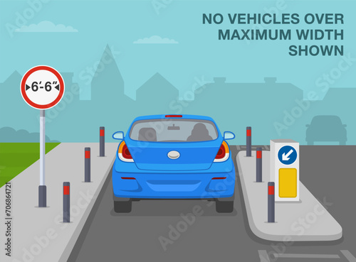 Safe driving tips and traffic regulation rules. No vehicles over maximum width shown. Back view of a car approaching traffic island. Flat vector illustration template.