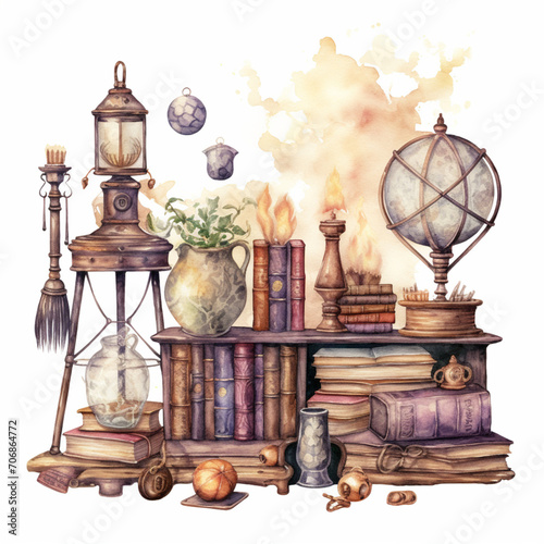 Enchanted Alchemist's Bookshelf - Watercolor Illustration of Magical Study Room