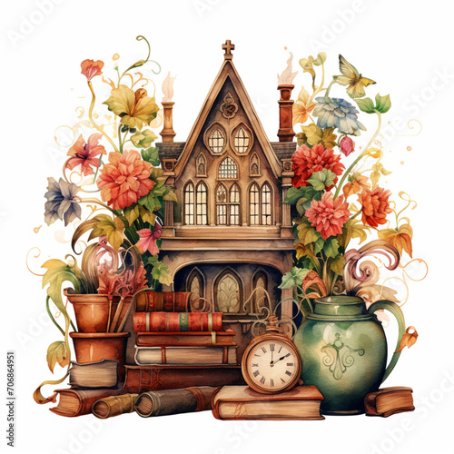 Gothic Fantasy Schoolhouse Amidst Enchanted Florals - Watercolor Illustration