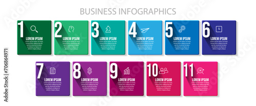business infographic 11 parts or steps, there are icons, text, numbers. Can be used for presentation banners, workflow layouts, process diagrams, flow charts, info graphics, your business presentation