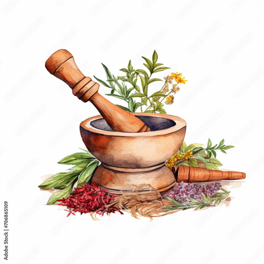 Herbal Alchemy - Watercolor Illustration of Mortar and Pestle with Herbs