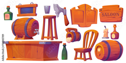 Western tavern and saloon interior elements. Cartoon set of old west cowboy pub furniture and stuff - wooden entrance door and bar counter, chair and stool, glass bottles and wood barrels with beer.