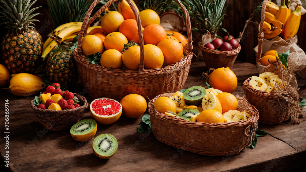 healthy organic food, diet, fruits generated by AI, basket with kiwi, oranges, pineapples, mangos