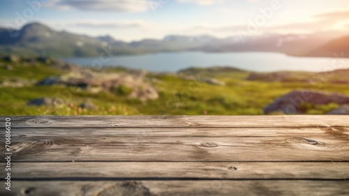 The empty wooden brown table top with blur background of Greenland in summer. Exuberant image. generative AI © Summit Art Creations