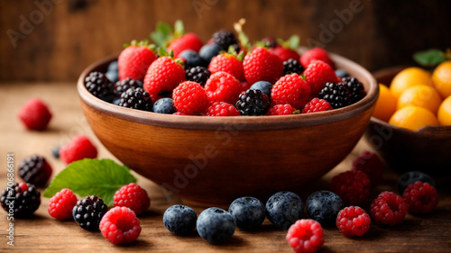 healthy organic food  diet  fruits generated by AI  bowl with raspberries  blueberries  blackberries