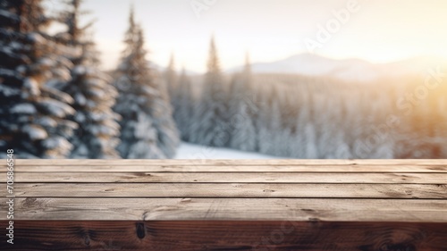 The empty wooden table top with blur background of winter in Finland. Exuberant image. generative AI © Summit Art Creations