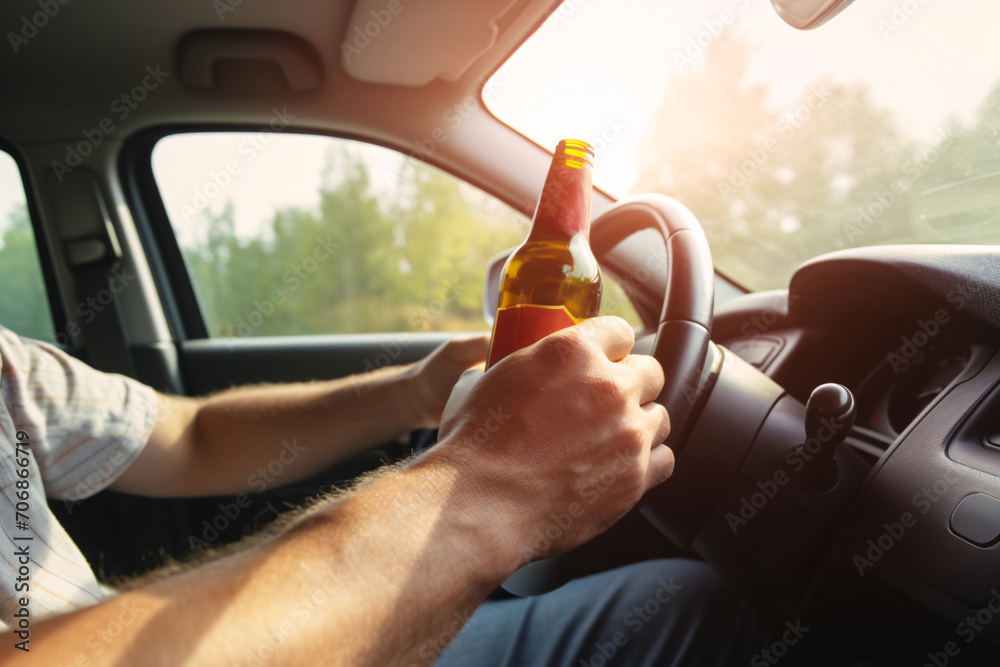 Naklejka premium Man drunk driving car. Have a beer or liquor bottle on hand. Risks and dangers of road accidents. Soft focus and blurred.