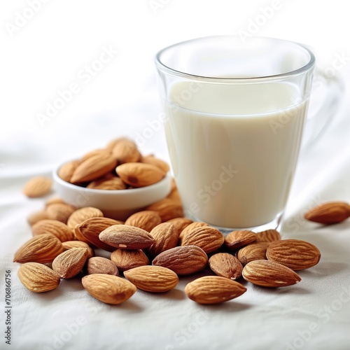 Organic almond milk, almond nuts, on a white background. AI generated.
