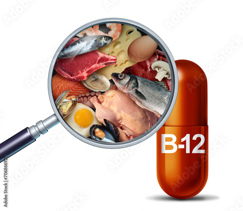 Vitamin B12 natural source nutritional supplement as cobalamin pill supplements as a capsule with beef liver and seafood inside a nutrient pill as a natural medicine health treatment photo