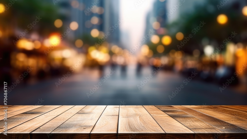 The empty wooden table top with blur background of street in downtown business district with people walking. Exuberant image. generative AI - obrazy, fototapety, plakaty 
