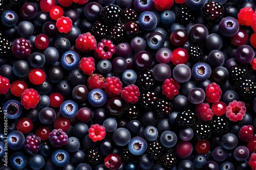 An immersive close-up view of an assortment of frozen berries, including red currants, cranberries, raspberries, blackberries, bilberries, blueberries An immersive close-up view of an assortment of frozen berries, including red currants, cranberries, raspberries, blackberries, bilberries, blueberries