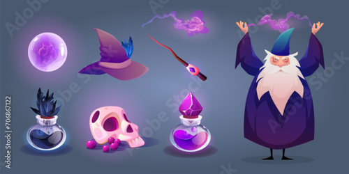 Wizard with magic stuff. Cartoon vector set - old male sorcerer character in long purple cloak with grey beard casting spell, fantasy fortune teller ball, potion in glass bottle, magician wand and hat