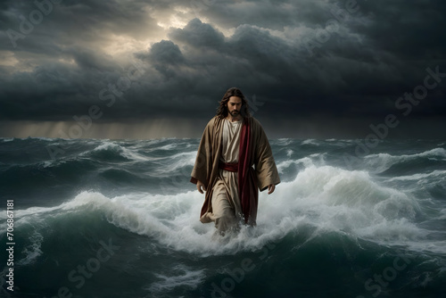 Jesus walks on water and calms the stormy sea as in bible © AungThurein