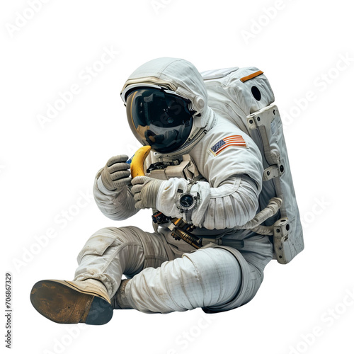 Astronaut Sitting on Ground Eating Banana © LUPACO PNG