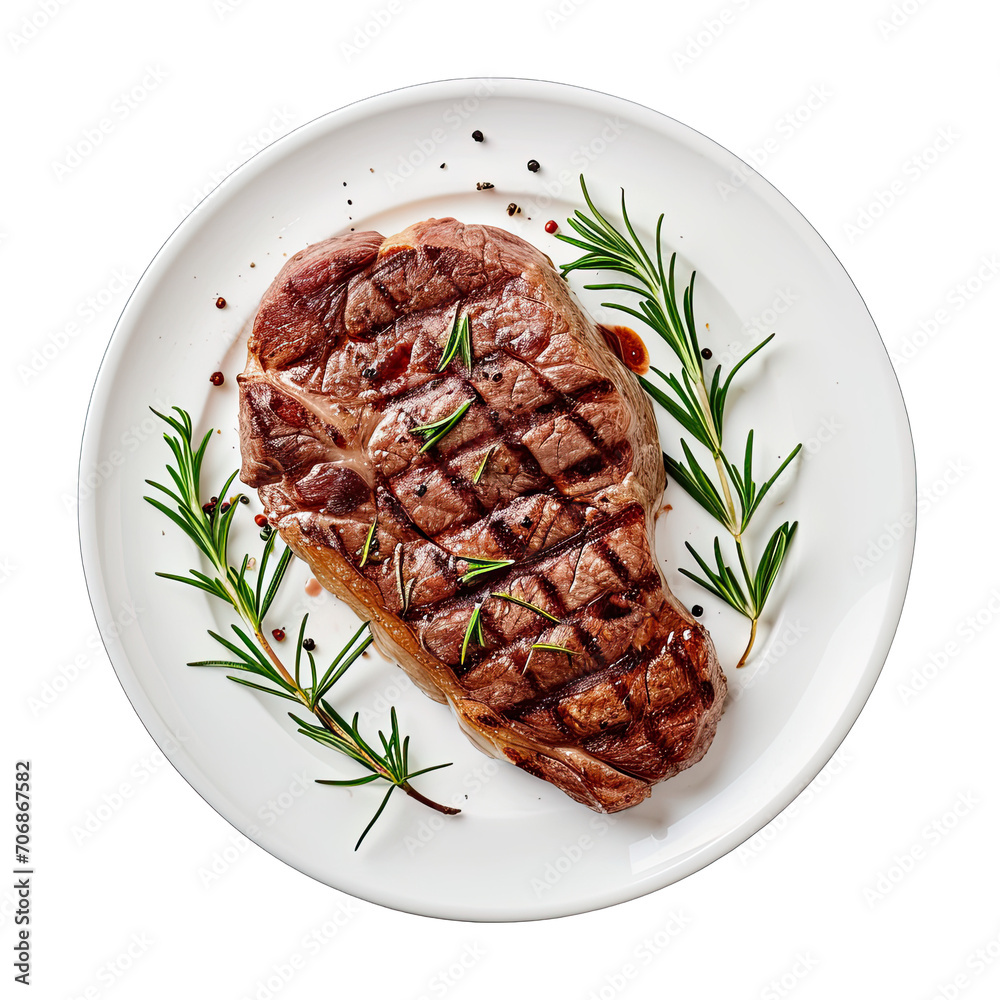 Plate of Steak isolated on white background, top view Plate of Steak isolated on white background, top view