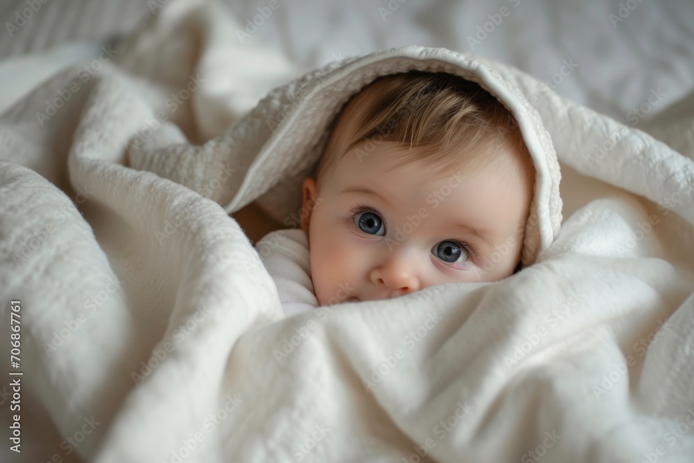 Baby with Blue Eyes Covered in a Cream Blanket Baby with Blue Eyes Covered in a Cream Blanket