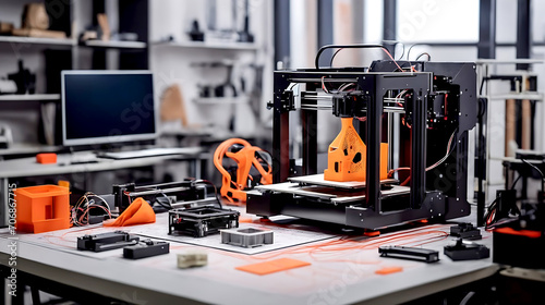 3D printer on workplace of engineer maker with abstract tech schema of additive technologies © CreativeEarth