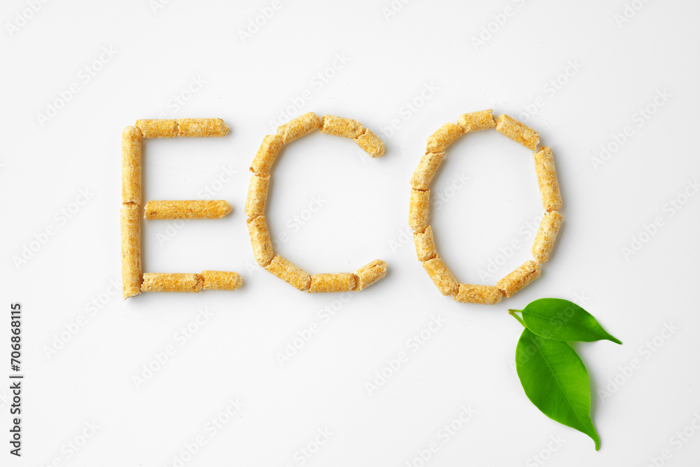 Wood pellets formed in word 'ECO' isolated on white background