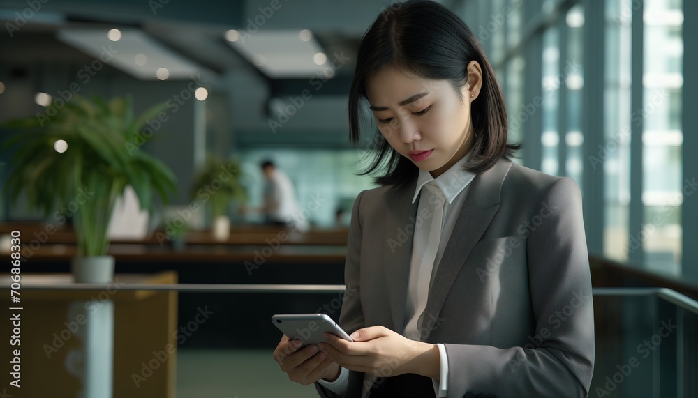 Young busy stressed upset Asian business woman holding mobile phones