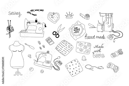 big set of sewing equipment and supplies outline in doodle style. Vector illustration isolated. Sewing machines, overlock, knitting equipment - Handcrafts icons. 